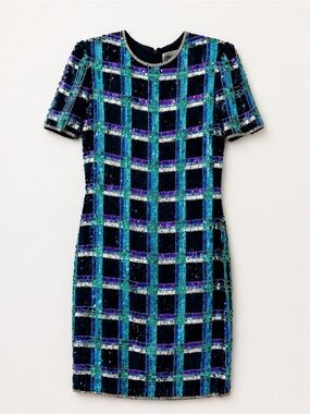 Leslie Fay Evenings Women’s Size 8 Sequin Plaid Sheath Dress Short Sleeve Party